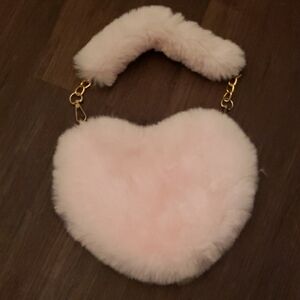 Pink Heart-Shaped Faux Fur Handbag
